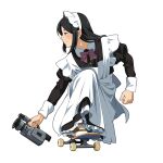  1girl apron black_dress black_eyes black_hair camera chest_bow collar commentary_request dress frilled_apron frills full_body holding holding_camera juliet_sleeves light_blush long_hair long_sleeves looking_to_the_side maid maid_apron maid_headdress original puffy_sleeves shoes simple_background skateboard sneakers solo suzushiro_(suzushiro333) video_camera white_background white_collar wing_collar 