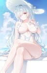  1girl 2nom_shiki absurdres blue_sky breasts cinderella_(nikke) commentary crossed_legs goddess_of_victory:_nikke grey_hair hat highres large_breasts long_hair looking_at_viewer ocean one-piece_swimsuit purple_hair red_eyes sky smile solo sun_hat swimsuit thighs very_long_hair white_hair white_hat white_one-piece_swimsuit 
