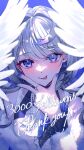  1girl :p absurdres ahoge bare_shoulders blue_background blush breasts chromatic_aberration commentary_request earrings fur_trim grey_hair highres jewelry long_hair long_sleeves looking_at_viewer medium_breasts necklace original pearl_necklace purple_eyes ring satori_suzuha shade simple_background solo swept_bangs thank_you tongue tongue_out upper_body w w_over_mouth watermark white_wings wings 