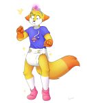 anthro blue_eyes blush booties bunana canid canine clothing crown diaper dipstick_tail fox fur headgear hi_res male mammal markings orange_body orange_fur pacifier shirt simple_background solo sparkles standing tail tail_markings tiara topwear white_body white_fur yellow_body yellow_fur