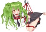  1girl 1other arms_behind_back bad_id bad_pixiv_id ball_gag bdsm black_neckerchief black_sailor_collar black_skirt black_socks blush bound bound_arms bound_legs breasts brown_eyes clothes_lift double-parted_bangs full_body gag girls'_frontline green_hair hair_between_eyes highres kbkbkunbang kneehighs long_hair long_sidelocks m950a_(ace_on_duty)_(girls'_frontline) m950a_(girls'_frontline) medium_breasts miniskirt neckerchief no_shoes open_mouth pleated_skirt sailor_collar school_uniform serafuku shibari shirt short_sleeves sidelocks simple_background skirt skirt_lift socks solo_focus surprised suspension teeth thighs two_side_up white_background white_shirt 