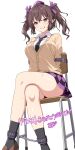  1girl alternate_costume bdsm black_necktie black_skirt black_socks blush bondage bound bound_arms breasts brown_hair brown_shoes cardigan chain chair checkered_clothes checkered_skirt clenched_teeth collared_shirt commentary_request commission crossed_legs hat highres himekaidou_hatate large_breasts loafers looking_at_viewer missing_wings necktie on_chair pointy_ears purple_hat purple_skirt rise_(rise19851203) school_chair school_uniform shirt shoes signature simple_background sitting skeb_commission skirt socks solo teeth thighs tokin_hat touhou translation_request twintails two-tone_skirt white_background white_shirt yellow_cardigan 