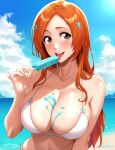  1girl absurdres alternate_costume armpit_crease artist_name beach bikini bilingual_commentary bleach breasts brown_eyes cleavage cloud cloudy_sky collarbone commentary commentary_request day dripping food food_on_body food_on_breasts hair_ornament hand_up highres holding holding_food holding_popsicle inoue_orihime large_breasts licking long_hair looking_at_viewer melting_popsicle mixed-language_commentary mountainous_horizon nail_polish navel ocean orange_hair parted_bangs pink_nails popsicle signature skindentation sky snowflake_hair_ornament solo sweat swimsuit tackery tongue tongue_out upper_body variant_set very_sweaty water white_bikini 