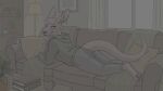 ambiguous_gender anthro bedding blanket book bookshelf bottomwear clothing coffee_table colored container cup detailed_background digital_media_(artwork) ear_piercing feet floor_lamp fur furniture green_clothing green_hoodie green_topwear grey_bottomwear grey_clothing grey_pants hand_on_chin hand_on_face hi_res hindpaw hoodie houseplant inside kangaroo lamp living_room long_ears long_tail looking_at_viewer looking_back lying macropod mammal marsupial mug multiple_piercings on_front pants pawpads paws piercing pillow plant plant_pot pluto! potted_plant purple_body purple_fur riff_(pluto!) shaded smile smirk solo sweatpants table tail thick_tail topwear window yellow_eyes