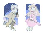  1boy 1girl :3 animal_ears animal_nose arm_behind_back axis_powers_hetalia bare_tree bear_boy bear_ears bear_girl bear_tail black_gloves blonde_hair blue_sky border branch breasts character_and_genderswap clenched_hand closed_mouth coat collared_coat collared_dress dress dual_persona full_body fur-trimmed_dress fur-trimmed_sleeves fur_hat fur_trim furrification furry furry_female furry_male genderswap genderswap_(mtf) gloves grey_pants hair_ornament hair_ribbon hairband hand_up hat highres holding holding_lead_pipe holding_shovel lead_pipe long_hair long_sleeves looking_at_viewer medal medium_breasts mini_hat night outdoors outside_border pants pink_dress pink_hairband pink_hat pink_ribbon pom_pom_(clothes) pom_pom_hair_ornament purple_eyes ribbon russia_(female)_(hetalia) russia_(hetalia) scarf short_hair shovel sidelocks sky smile snow snowing standing star_ornament tail teeth tree white_border white_fur white_hair white_scarf winter yellow_coat yunjiu0618 