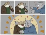 2026 amphibian anthro blush comic duo eyes_closed frog grey_body hi_res hug male male/male mammal open_mouth rhinoceros slightly_chubby taxonite toad_(frog)
