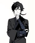  1girl arm_across_waist black_robe character_request cowboy_shot greyscale hand_on_own_arm hand_on_own_chin looking_at_viewer monochrome nicayuko omniscient_reader's_viewpoint robe smirk solo wide_sleeves 