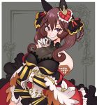  1girl absurdres animal_ears bare_shoulders blush braid braided_hair_rings breasts brown_hair cleavage commentary corset detached_sleeves dress ear_covers ear_ornament english_commentary gentildonna_(regina_dei_fiori)_(umamusume) gentildonna_(umamusume) gloves hair_between_eyes hair_ornament hair_rings heart-shaped_ornament heart_ear_ornament highres horse_ears horse_girl large_breasts long_hair looking_at_viewer missandydandy open_mouth red_corset red_eyes see-through_cleavage see-through_clothes smile solo umamusume white_gloves 