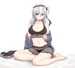  1girl barefoot bikini bikini_skirt black_bikini breasts cleavage full_body grey_eyes grey_jacket highres jacket kantai_collection large_breasts long_hair one_side_up rindou_(rindou_annon) sandals sandals_removed silver_hair simple_background sitting solo suzutsuki_(kancolle) swimsuit white_background yokozuwari 