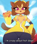 2026 anthro anthropornorphic biped brown_body brown_fur brown_hair clothing cloud domestic_cat english_text eyewear eyewear_on_head felid feline felis female female_anthro food fur gameoverse glitch_productions goggles goggles_on_head hair hi_res holding_hot_dog hot_dog kit_(gameoverse) looking_at_viewer looking_down looking_down_at_viewer low-angle_view magenta_eyes mammal mustard nipple_outline sky smile smiling_at_viewer solo ssnejikk talking_to_viewer text tight_clothing whiskers