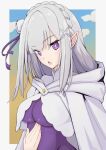  1girl absurdres blue_pupils bodysuit braid breasts cloak cloud commentary_request elf emilia_(re:zero) flower goro_yuuharu grey_hair hair_flower hair_ornament hair_ribbon hand_on_own_stomach highres long_hair looking_at_viewer official_alternate_costume open_mouth pointy_ears purple_bodysuit purple_eyes re:zero_kara_hajimeru_isekai_seikatsu ribbon solo underboob white_cloak 