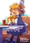  1girl =_= animal_ears animal_hands apron artist_name back_bow bell black_shoes blue_dress bow brown_hair burger cat_ears cat_girl cat_paws cat_tail closed_eyes commentary_request couch cup day disposable_cup dress drinking_straw drooling eating fang fast_food food food_wrapper french_fries frilled_apron frills full_body hair_bow holding holding_burger holding_food imminent_bite indoors jingle_bell long_sleeves maid maid_headdress meinyan_(shisui) mouth_drool neck_bell on_couch open_mouth original ponytail red_bow restaurant shisui shoes short_hair sleeves_past_wrists smile socks solo steaming_food sunlight table tail tail_raised tray white_apron white_bow white_socks window 