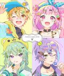  2026 2boys 2girls :p ;p absurdres alternate_costume animal_hat arm_up bandaid bandaid_on_face bandaid_on_nose baseball_cap bear_hat black_choker black_shirt blonde_hair candy choker collarbone commentary_request eyewear_on_head food green_hair hair_between_eyes hair_ornament hairclip hat headband highres holding holding_candy holding_food holding_lollipop inset_border jacket jewelry kamishiro_rui kusanagi_nene lollipop long_hair long_sleeves multiple_boys multiple_girls one_eye_closed ootori_emu open_mouth orange_eyes parallel_hairclips pink_eyes pink_hair portrait project_sekai purple-tinted_eyewear purple_eyes ring seashell shell shirt smile sunglasses swirl_lollipop tenma_tsukasa tinted_eyewear tongue tongue_out wonderlands_x_showtime_(project_sekai) yuhi_(hssh_6) 