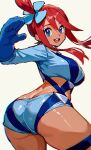  1girl ass blue_eyes blue_jacket blue_shorts breasts butt_crack commentary_request cowboy_shot crop_top cropped_jacket dark-skinned_female dark_skin flower from_behind gloves hair_flower hair_ornament highres jacket large_breasts looking_at_viewer nougoku_uni one_side_up pokemon pokemon_black_and_white pouch red_hair short_shorts shorts sidelocks simple_background skyla_(pokemon) solo teeth thigh_pouch thighs upper_teeth_only 