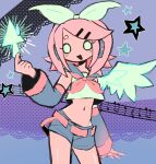  1girl :d black_shorts blonde_hair bow chalkdraws commentary cowboy_shot cursor detached_sleeves electric_angel_(vocaloid) emo_art flat_chest hair_bow hair_ornament hairclip headphones highres kagamine_rin lace looking_at_viewer medium_hair midriff musical_note musical_staff navel o_o open_mouth petite polka_dot sailor_collar shirt shorts smile solo star_(symbol) sweatdrop vocaloid white_bow white_shirt 