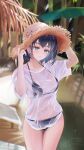  1girl absurdres adjusting_clothes adjusting_headwear bikini bikini_under_clothes black_bikini blue_eyes blue_hair blurry blurry_background breasts chia-yu_huang closed_mouth commentary day english_commentary fanged_bangs hands_up hat highres hololive hololive_english large_breasts looking_at_viewer navel ouro_kronii outdoors see-through_clothes see-through_shirt shirt short_hair smile solo straw_hat sun_hat swimsuit t-shirt virtual_youtuber wet wet_clothes wet_shirt white_shirt 