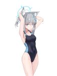  1girl absurdres animal_ear_fluff animal_ears arms_behind_head black_one-piece_swimsuit blue_archive blue_eyes breasts commentary competition_swimsuit covered_navel cowboy_shot cross_hair_ornament daily_time extra_ears grey_hair hair_ornament halo highres low_ponytail medium_breasts medium_hair mismatched_pupils mouth_hold multicolored_swimsuit official_alternate_costume one-piece_swimsuit ponytail shiroko_(blue_archive) shiroko_(swimsuit)_(blue_archive) simple_background solo standing swimsuit untranslatable_commentary white_background wolf_ears 