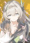  1girl absurdres aqua_bow aqua_bowtie black_hairband bow bowtie closed_mouth commentary_request falling_petals finger_to_cheek firefly_(honkai:_star_rail) firefly_(spring_missive)_(honkai:_star_rail) grey_hair grey_sailor_collar hair_between_eyes hairband hand_up highres honkai:_star_rail honkai_(series) index_finger_raised long_hair long_sleeves looking_at_viewer name_tag official_alternate_costume petals plaid_bow plaid_bowtie plaid_clothes purple_eyes sailor_collar school_uniform serafuku shirt smile solo upper_body vespark white_shirt yellow_background 