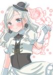  1girl ascot black_ascot black_hat black_vest blue_eyes blush ceras_yanagida_lilienfeld closed_mouth commentary cowboy_shot elbow_gloves feathers floral_background frilled_jacket frilled_skirt frilled_sleeves frills gloves hana_sakeba_yume_kakeru hand_up harisen_(kaika_sengen) hat hat_feather headset jacket looking_at_viewer love_live! love_live!_hasu_no_sora_jogakuin_school_idol_club love_live!_hasu_no_sora_jogakuin_school_idol_club_bloom_garden_party open_clothes open_jacket puffy_short_sleeves puffy_sleeves short_sleeves skirt smile solo untranslatable_commentary vest virtual_youtuber white_feathers white_gloves white_hair white_jacket white_skirt 