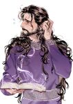  1boy baldur's_gate baldur's_gate_3 beard black_hair book brown_eyes closed_mouth commentary_request dungeons_&amp;_dragons earrings eliza_fox facial_hair gale_(baldur's_gate) hair_slicked_back hand_in_own_hair hand_up highres holding holding_book jewelry long_hair looking_to_the_side male_focus open_book purple_robe robe simple_background single_earring solo sweatdrop upper_body wavy_hair white_background 
