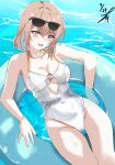  1girl absurdres alternate_costume bare_shoulders breasts brown_eyes brown_hair button_gap cleavage cleavage_cutout clothing_cutout collarbone commentary_request covered_navel dated eyewear_on_head feet_out_of_frame girls'_frontline girls'_frontline_2:_exilium groin highres light_blush looking_at_viewer lying medium_breasts medium_hair mole mole_under_eye ocean one-piece_swimsuit open_mouth qiuhua_(girls'_frontline_2) sidelocks smile solo sunglasses swimsuit takumi_munato type_97_shotgun_(girls'_frontline) water white_one-piece_swimsuit 