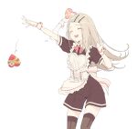  1girl :d alternate_costume apron black_shirt black_shorts black_thighhighs blonde_hair blush bow bowtie box closed_eyes collared_shirt commentary_request contrast_collar enmaided feet_out_of_frame frilled_apron frills gakuen_idolmaster hair_ornament hairclip happy_mille-feuille_(idolmaster) heart-shaped_box highres idolmaster long_hair maid maid_apron motion_lines open_mouth parallel_hairclips parted_bangs red_bow red_bowtie sakana_(flame_sakana) shinosawa_hiro shirt short_sleeves shorts sidelocks simple_background smile solo standing sweat thighhighs throwing white_apron white_background wrist_cuffs 