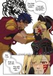  1boy blonde_hair bvixii caligula_(fate) commentary dragon_tail english_commentary english_text facial_mark fate/grand_order fate_(series) horns long_horns looking_at_another nero_claudius_(fate) queen_draco_(fate) queen_draco_(third_ascension)_(fate) red_eyes red_scales scales tail 