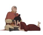 1boy 1girl aang absurdres amugea arrow_(symbol) arrow_tattoo avatar:_the_last_airbender avatar_legends azula bald black_boots black_hair boots closed_eyes closed_mouth commentary english_commentary head_tattoo hetero highres lying meditation on_stomach penis sitting sweat tattoo the_pose uncensored 