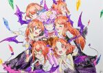  6+girls :< :d ^_^ alternate_costume alternate_eye_color alternate_hairstyle bat_wings bespectacled black_dress black_skirt blue_bow blush book bow bowtie braid braided_ponytail bright_pupils cheek-to-cheek closed_eyes commentary_request crescent crescent_hat_ornament crystal demon_tail dot_nose dress fang fangs from_side fujimugi glasses hair_between_eyes hair_bow hair_ornament hairclip hat hat_bow hat_ornament head_wings heads_together holding holding_book juliet_sleeves koakuma long_hair long_sleeves looking_at_viewer mob_cap multiple_girls multiple_persona open_book own_hands_together patchouli_knowledge pink_bow pink_eyes pink_hat pointy_ears puffy_short_sleeves puffy_sleeves purple_eyes purple_hair purple_wings red-framed_eyewear red_bow red_bowtie red_eyes red_hair semi-rimless_eyewear short_hair short_sleeves sidelocks simple_background sketch skin_fang skirt smile sparkle sweatdrop tail touhou traditional_media v-shaped_eyebrows v_arms very_long_hair vest white_background white_pupils white_vest wings wristband yellow_eyes 
