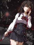  1girl :o absurdres black_eyes black_hair black_skirt blood blood_on_clothes blood_on_face blood_on_hand blood_on_knife blood_on_leg bow bowtie breasts bush buttons collared_shirt commission cowboy_shot crying crying_with_eyes_open dark hand_on_own_face highres holding holding_knife implied_death implied_murder kitchen_knife knife lamppost lens_flare long_sleeves looking_afar looking_ahead medium_breasts medium_hair moonlight night open_mouth outline pixiv_commission pleated_skirt raised_inner_eyebrows red_bow red_bowtie red_light red_outline ryou.r sad saionji_sekai sakakino_academy_school_uniform school_days school_uniform shirt skirt snow snowing solo tears tree white_shirt 