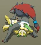 2013 anthro biped black_body black_fur bodily_fluids canid canine claws clothed clothing crackajackin diaper diaper_only digital_media_(artwork) duo facesitting felid fox fur generation_5_pokemon genital_fluids green_body green_fur hybrid leopard male male/male mammal nintendo pantherine pokemon pokemon_(species) red_claws simple_background sitting sitting_on_another someone12121 topless unclean_diaper urine used_diaper wearing_diaper wet_diaper wetting yellow_body yellow_fur zoroark