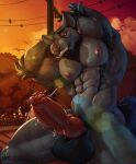 abs animal_genitalia anthro arm_tuft armpit_tuft balls black_body black_fur bodily_fluids cable canid canine canis chest_tuft elbow_tuft erection exhibitionism fangs fur genital_fluids genitals grey_body grey_fur hands_behind_head hi_res knot krideg leaking_precum male mammal multicolored_body multicolored_fur muscular muscular_anthro muscular_male nipples nude pink_nose pinup plant pose precum public raised_arms red_genitals sirius_(mjodvitnir) solo street stripes sunset teeth tree tuft wolf wooden_post