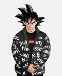  1boy black_hair black_jacket black_shirt closed_mouth commentary dragon_ball dragon_ball_z drip_(meme) glaring grey_background highres jacket long_sleeves looking_at_viewer male_focus meme meme_attire muscular muscular_male no_sply shirt simple_background solo son_goku spiked_hair supreme symbol-only_commentary the_north_face third-party_source upper_body 