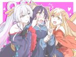  3girls ^^^ absurdres animal_ear_fluff animal_ears bare_shoulders blonde_hair blue_kimono blush cho_kaguya-hime! closed_mouth crescent crescent_hair_ornament extra_ears facial_mark forehead_mark fox_shadow_puppet green_eyes hair_ornament hair_rings hair_stick hariyaa heart highres japanese_clothes kaguya_(cho_kaguya-hime!) kimono long_hair long_sleeves multiple_girls nervous_sweating obi off_shoulder open_mouth orange_eyes outline purple_hair purple_kimono rabbit_ears red_kimono runami_yachiyo sakayori_iroha sash short_hair smile surprised sweat upper_body white_hair white_outline wide_sleeves yuri 