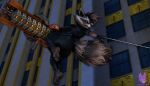 absurd_res anthro big_butt black_clothing black_suit brown_body brown_fur butt claws clothing feet frown fur guardians_of_the_galaxy gun hi_res male mammal marvel marvel_rivals multicolored_body multicolored_fur paws procyonid qualske98 raccoon ranged_weapon red_eyes rocket_raccoon scowl solo spider-man_(series) suit swinging tail two_tone_body two_tone_fur weapon whiskers
