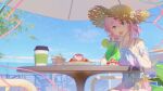  1girl absurdres alternate_costume blue_eyes blue_sky chair choker commentary_request crazy_straw cup day dididi_laonian_ka disposable_coffee_cup disposable_cup dress drink drinking_glass drinking_straw food fruit gradient_clothes gradient_dress hands_up hat heart_straw highres holding holding_drinking_straw honkai:_star_rail honkai_(series) hurricane_glass jewelry lemon lemon_slice looking_at_viewer march_7th_(honkai:_star_rail) medium_hair multicolored_eyes necklace off-shoulder_dress off_shoulder on_chair open_mouth outdoors patio_umbrella pink_eyes pink_hair plate ribbon sitting sky solo straw_hat table two-tone_eyes upper_body v 
