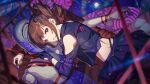  1girl arm_belt bare_shoulders black_gloves black_jacket black_skirt brown_hair card_commentary commentary_request cosmetics cropped_jacket drill_hair game_asset gloves hair_ornament heart heart_hair_ornament holding holding_lipstick_tube idolmaster idolmaster_million_live! idolmaster_million_live!_theater_days jacket lipstick_tube long_sleeves looking_at_viewer lying mannequin official_alternate_costume official_art on_side parted_lips purple_eyes red_ribbon ribbon short_hair side_drill skirt solo third-party_source yokoyama_nao 