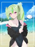 ... 1girl 3: alternate_costume bare_shoulders beach black_jacket blue_one-piece_swimsuit blue_sky blurry blurry_background blush breasts casual_one-piece_swimsuit cleavage closed_mouth cloud collarbone commentary_request covered_navel cowboy_shot day diamond-shaped_pupils diamond_(shape) fish_hair_ornament frown green_hair green_streaks groin hair_between_eyes hair_ornament hands_up heaven_burns_red highleg highleg_one-piece_swimsuit highres jacket jacket_partially_removed large_breasts long_hair looking_at_viewer multicolored_hair ocean one-piece_swimsuit ooshima_isuzu open_clothes open_jacket outdoors own_hands_together oyakodon451 red_eyes shy sky solo speech_bubble spoken_blush spoken_ellipsis strap_slip streaked_hair sweatdrop swimsuit symbol-shaped_pupils two_side_up v-shaped_eyebrows 