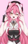  1girl :d ;d absurdres animal_ear_fluff animal_ears ascot beret black_corset black_gloves black_hat black_shirt breasts brooch center-flap_bangs claw_pose cleavage commentary corset double-parted_bangs extra_ears gloves hat heart high-waist_shorts highres hololive hololive_english jewelry large_breasts long_hair looking_at_viewer mogu_(au1127) multicolored_hair one_eye_closed panther_ears panther_girl panther_tail partially_fingerless_gloves pink_background pink_hair raora_panthera raora_panthera_(1st_costume) shirt shorts sidelocks simple_background single_glove single_hair_streak smile solo streaked_hair tail untranslatable_commentary upper_body very_long_hair vest virtual_youtuber white_ascot white_shorts white_streaks white_vest yellow_eyes 