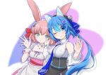 2girls animal_ear_fluff animal_ears apron aqua_eyes aqua_trim asagi501 black_skirt blue_eyes blue_hair blue_necktie braid breasts cat_hair_ornament character_request closed_mouth collarbone collared_shirt commentary_request detached_collar detached_sleeves dress fox_ears fox_girl hair_ornament hair_ribbon hairclip hand_on_another's_cheek hand_on_another's_face hand_up heart heart_background high_collar highres jewelry light_blush light_smile long_hair long_sleeves low_neckline maid maid_apron maid_headdress medium_breasts medium_hair multiple_girls necktie one_eye_closed original pink_background pink_dress pink_hair purple_background rabbit_ears rabbit_girl rabbit_hair_ornament red_ribbon ribbon ring shirt short_sleeves skirt sleeveless sleeveless_shirt small_breasts split_mouth upper_body vrchat waist_apron white_apron white_background white_shirt white_sleeves white_wrist_cuffs wing_collar wrist_cuffs x_hair_ornament 