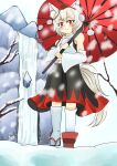  1girl absurdres animal_ear_fluff animal_ears bare_tree black_skirt black_trim blush closed_mouth commentary_request detached_sleeves double-parted_bangs floating_clothes frown geta hat highres holding holding_umbrella inubashiri_momiji long_sleeves looking_at_viewer midriff_peek mountain namonakisamurai partial_commentary pom_pom_(clothes) red_eyes red_hat red_shoes red_skirt red_umbrella shirt shoes short_hair skirt sky snow snowing socks solo tail tengu-geta tokin_hat touhou tree two-tone_skirt umbrella v-shaped_eyebrows white_hair white_shirt white_sky white_socks wide_sleeves wolf_ears wolf_girl wolf_tail 