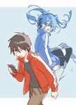  1boy 1girl :o black_hair black_legwear black_skirt black_sweater blue_eyes blue_hair blue_jacket brown_pants cellphone commentary ene_(kagerou_project) facial_mark headphones highres holding holding_phone jacket kagerou_project kisaragi_shintarou long_hair long_sleeves looking_at_viewer pants phone pleated_skirt red_jacket skirt smartphone sweater thighhighs twintails yoishi_(fuchi39) 