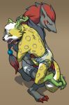 2013 anthro biped black_body black_fur black_nose bodily_fluids canid canine clothed clothing crackajackin diaper digital_media_(artwork) duo eyes_closed felid fox fur generation_5_pokemon genital_fluids hybrid leopard male male/male mammal multicolored_body multicolored_fur nintendo open_mouth pantherine pokemon pokemon_(species) red_body red_fur simple_background steve_(someone12121) unclean_diaper urine used_diaper wearing_diaper wet_diaper yellow_body yellow_fur zoroark