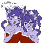 1:1 2024 3_horns 5_fingers anthro bare_shoulders big_breasts blush blush_lines bone_frill breasts cavemanon_studios ceratopsian ceratopsid chasmosaurine cleavage clothed clothing color_edit colored daughter_(lore) dinosaur dress duo ear_piercing ear_ring eyelashes eyeshadow facial_horn fake_cat_ears fake_ears fake_tail female fingers freckled_face freckles frill_(anatomy) front_view goodbye_volcano_high hair hi_res hoop_ear_ring horn ko_op_(game_developer) looking_at_viewer makeup marginocephalian mother_(lore) mother_and_child_(lore) mother_and_daughter_(lore) multi_horn nose_horn open_mouth ornithischian parent_(lore) parent_and_child_(lore) parent_and_daughter_(lore) piercing prehistoric_species purple_body purple_eyes purple_eyeshadow purple_hair purple_scales red_clothing red_dress reptile ring_piercing scales scalie sera_(snoot_game) simple_background snoot_game strapless_clothing strapless_dress third-party_edit tongue tongue_out triceratops trish_(gvh) white_background yonstar_studios