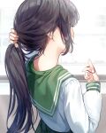  1girl black_hair black_skirt bunching_hair facing_away from_behind green_sailor_collar green_skirt hair_tie hand_in_hair hand_up hidden_face highres holding holding_hair holding_hair_ornament long_hair long_sleeves nape original ponytail sailor_collar school_uniform seero serafuku shirt skirt solo symbol-only_commentary tying_hair upper_body white_shirt 