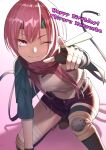  1girl ;) absurdres arm_support backlighting bandaged_leg bandages black_gloves black_thighhighs blunt_bangs boots breasts brown_boots closed_mouth commentary_request crop_top eyelashes eyes_visible_through_hair fingerless_gloves foot_out_of_frame gloves hand_up happy_birthday heaven_burns_red highres index_finger_raised knee_pads leaning_forward long_hair looking_at_viewer matsuoka_chiroru medium_breasts metako_(slime_shop) midriff navel on_one_knee one_eye_closed pink_eyes pink_hair pointing pointing_at_viewer purple_scarf purple_shorts scarf short_shorts shorts simple_background single_thighhigh smile solo split_mouth straight_hair thighhighs thighs tsurime upturned_eyes white_background zettai_ryouiki 