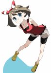  1girl arms_behind_back ashikare bike_shorts black_bra black_shorts blue_eyes bow bra breasts brown_hair cleavage collarbone commentary_request contrapposto expressionless foreshortening from_above full_body hair_bow head_tilt highres leaning_forward legs_apart looking_at_viewer may_(pokemon) parted_lips perspective pokemon red_bow red_shirt shadow shirt shoes short_hair shorts simple_background sleeveless sneakers solo standing tank_top underwear white_background white_bow 