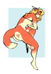 abstract_background animal_crossing anthro audie_(animal_crossing) black_bra black_clothing black_panties black_underwear blonde_hair blue_eyes bra bra_lift breasts butt butt_tattoo canid canine canis clothed clothing feet female fluffy fur hair hi_res mammal nintendo nipples nude palm_tree panties panties_down partially_clothed pawpads peachy_bat plant presenting presenting_hindquarters red_wolf solo tail tattoo tree underwear underwear_down wolf