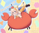  1girl absurdres back black_shoes blonde_hair blue_crown blue_eyes blue_skirt blush bow bowtie crab crown fish frilled_wrist_cuffs frills goldfish hair_between_eyes hair_bow highres koshmarrin marimari_(marimari_1.0)_(vtuber) marimari_(vtuber) mini_crown open_mouth orange_bow orange_bowtie phase_connect shirt shoes short_eyebrows side_ponytail skirt solo suspender_skirt suspenders thighhighs virtual_youtuber white_shirt white_thighhighs wrist_cuffs 