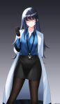  1girl absurdres arm_behind_back artist_name black_gloves black_hair black_pantyhose black_skirt blue_eyes blue_shirt breasts commentary_request earpiece feet_out_of_frame female_professor_(neural_cloud) girls'_frontline girls'_frontline_neural_cloud gloves grey_background hand_up highres id_card lab_coat long_hair long_sleeves looking_at_viewer open_clothes open_mouth open_robe pantyhose parted_lips professor_(neural_cloud) robe shaded_face shirt sidelocks simple_background skirt solo standing undercoder white_robe 